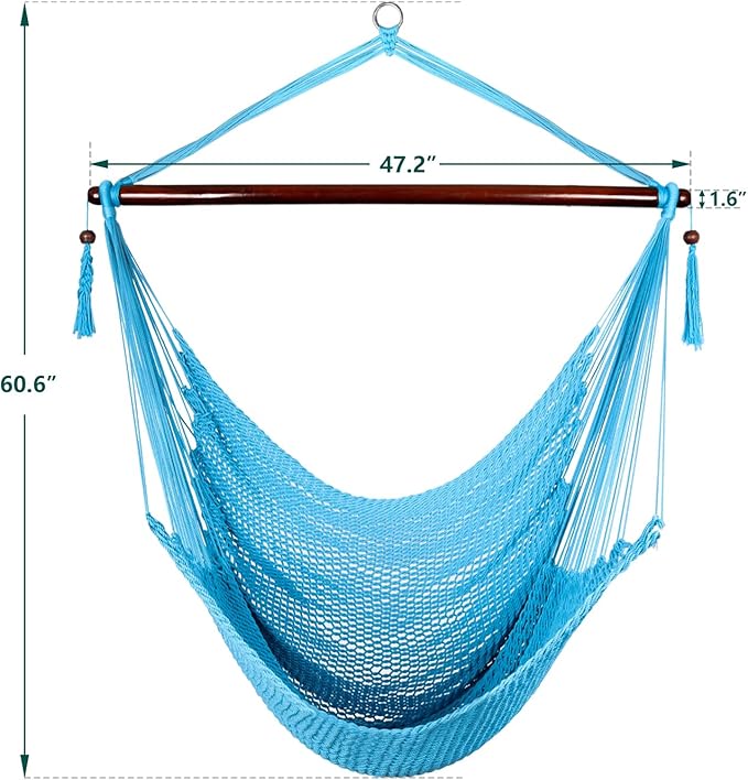 Caribbean Hammock Swing Chair with Spreader Bar Large Hammock Chair Hand Craft Rope Hanging Chair Outdoor Indoor Bedroom 330 LBS Weight Capacity Blue