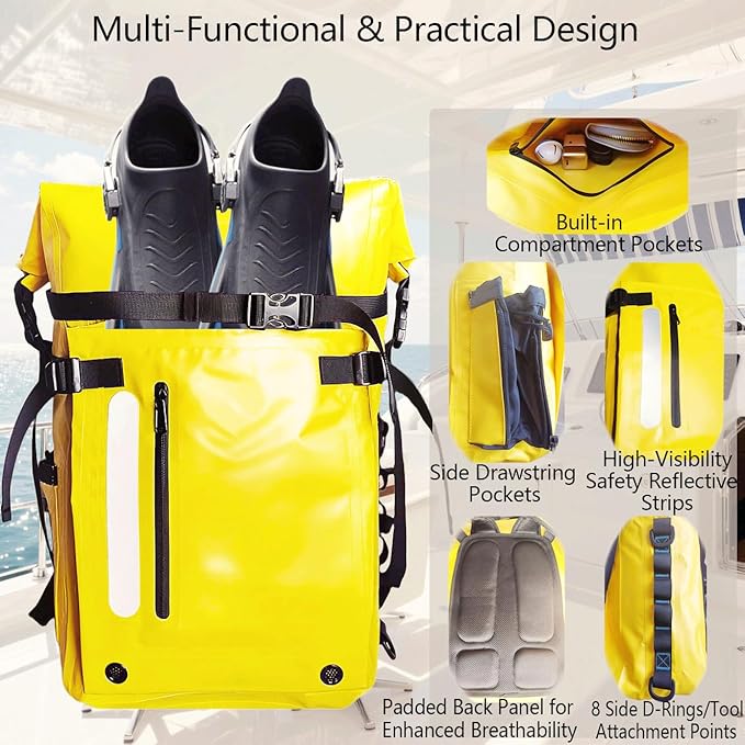 Yellow 30L Waterproof Backpack - High Visibility Roll Top Dry Bag | Floating Kayak &amp Fishing Backpack for Outdoor Safety
