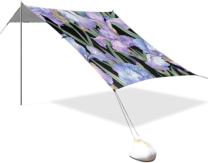 ALAZA Purple Iris Flowers Floral Beach Tent Sun Shelter UPF50+ Protection Beach Shade Canopy w/ 4 Sandbags for Outdoor Camping Fishing Backyard Fun Picnic 10x9 ft
