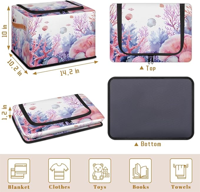 Seashell Coral Storage Box with Lid Ocean Beach Collapsible Storage Bins Baskets Cubes Closet Shelf Clothes Organizer Containers with PU Leather Handles