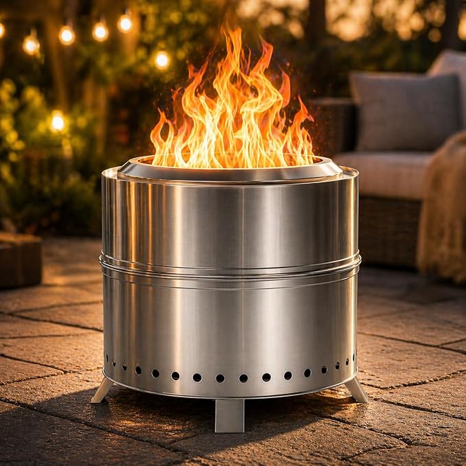 Breezz Smokeless Fire Pit 19.3 Inch Stainless Steel Outdoor Wood Burning Firepit with Carry Bag Portable Bonfire Stove for Backyard Patio Camping and Picnic Efficient Airflow &amp Low Smoke Desi
