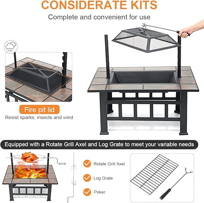 SINGLYFIRE 37 Inch Fire Pit Table with Grill for Outside Large Square Wood Burning firepit Heavy Duty Steel Bonfire Pit Cooking with Spark Screen Log Grate Poker for Backyard Garden Camping
