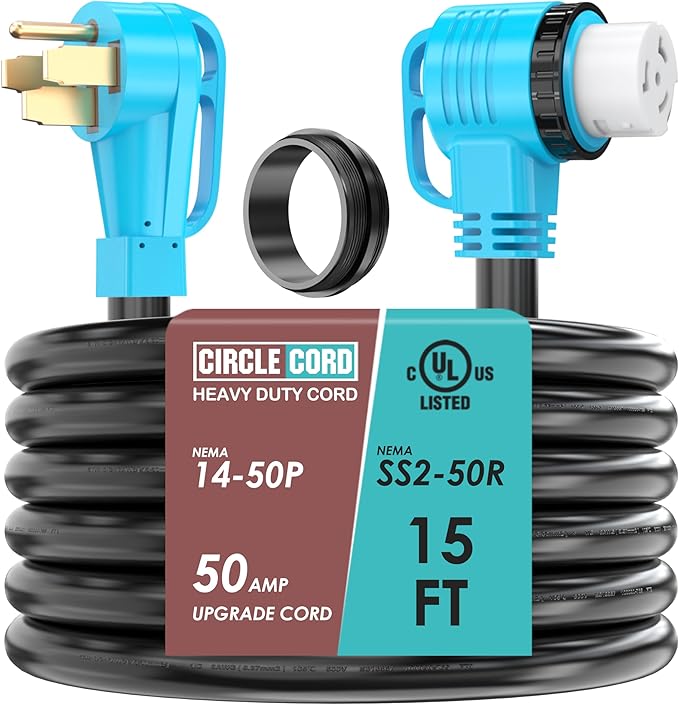 CircleCord UL Listed 50 Amp 15 Feet RV/Generator Cord with 90° Right Angle Locking Connector Heavy Duty 6/3+8/1 Gauge STW Wire 14-50P to SS2-50R for RV Camper Trailer and Generator to House