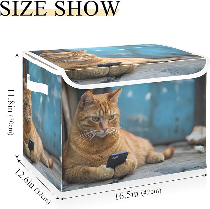 Storage Cube with Lid Cat with Phone Print 16.5×12.6×11.8 IN Collapsible Large Capacity Foldable Storage Basket Bin Organizer