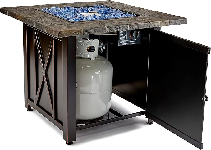 Endless Summer 30 Inch Square 30000 BTU Liquid Propane Gas Outdoor Fire Pit Table w/Push Button Ignition Blue Fire Glass &amp Steel Fire Bowl Bronze
