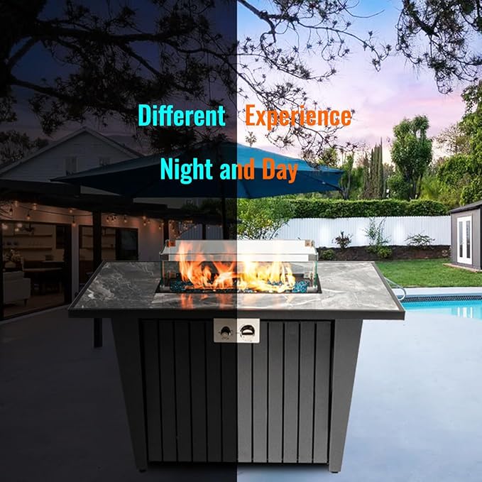 42'' Propane Fire Pit Table Marble Tile Ceramic Tabletop with Glass Wind Guard 50000 BTU Fire Table Inclined Leg and Art Powder Design Blue Glass Rocks Including Lid&ampCover