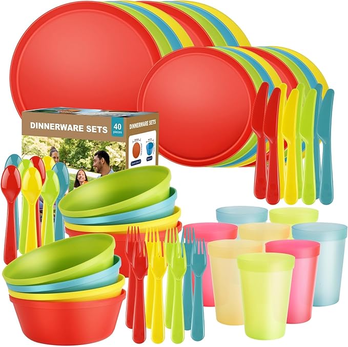 40 Piece Plastic Dinnerware Set for 8 with Cutlery Unbreakable Plates and Bowls Set Dishwasher &amp Microwave Safe Reusable Dish Set for Camping RV Outdoor Kitchen Apartment DiningRainbow Multi