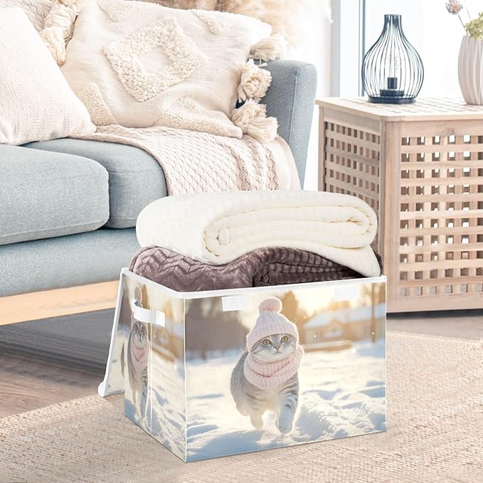 AIXIWAWA Lidded Storage Cube (Winter Cute Cat) Fabric Foldable Closet Bins with Flip Lid and Handles Organizer Basket Container 16.5 x 12.6 x 11.8 IN