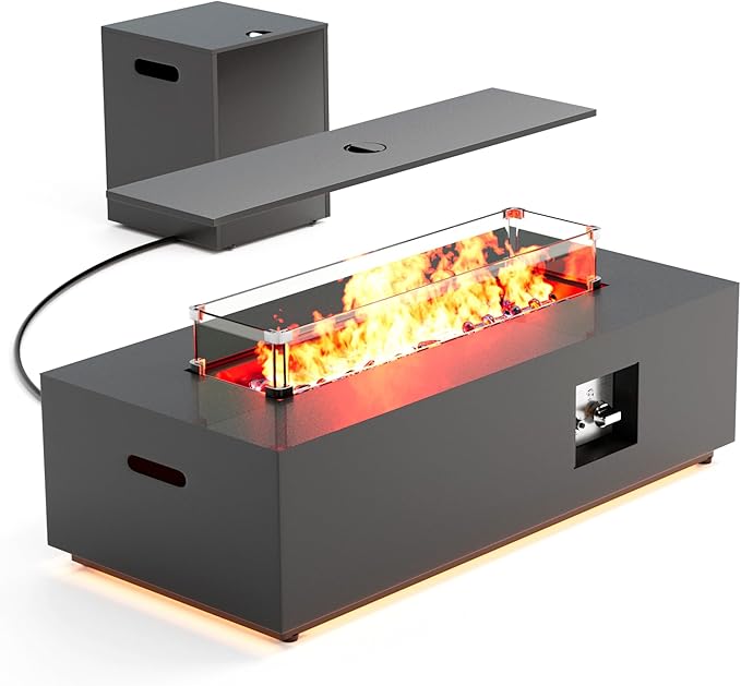 42 Outdoor Fire Pit Table 50000 BTU Gas Fire Pit with Glass Wind Guard Fire Stones Waterproof Cover Propane Fire Pit Table for Outside Patio (Warm Light Black)