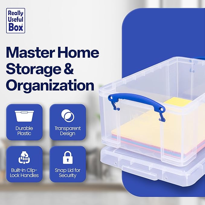 Really Useful Box 9 Liter Plastic Stackable Storage Container with Snap Lid &amp Built-in Clip Lock Handles for Home or Office Organization Clear