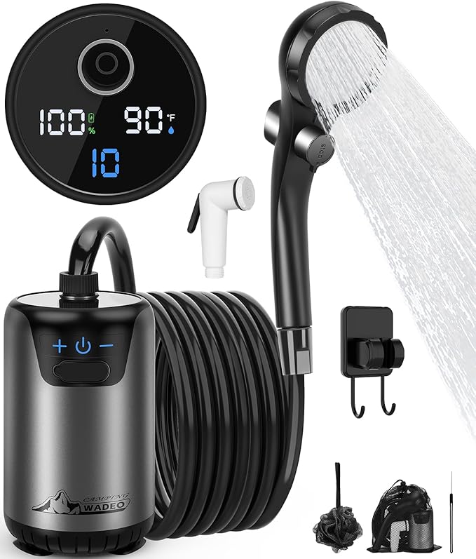 2026 Upgraded Portable Shower for Camping Rechargeable Camping Shower with Intelligent LED Display 10 Spray Modes IPX7 Waterproof Outdoor Camp Pump for Hiking Travel Car Pet