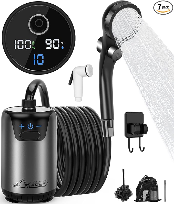 2026 Upgraded Portable Shower for Camping Rechargeable Camping Shower with Intelligent LED Display 10 Spray Modes IPX7 Waterproof Outdoor Camp Pump for Hiking Travel Car Pet