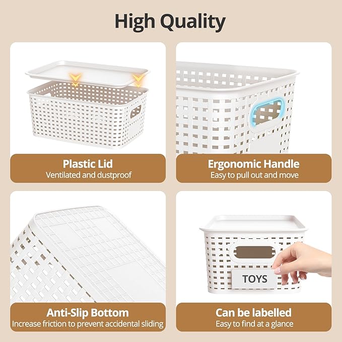 Plastic Storage Basket with Lid Stackable Small Box Bins for Organizing and Containers for Shelves Drawers Desktop Closet Playroom Pantry Classroom Office Home 8 Pack 10.2x7.2x4.1 Inch White