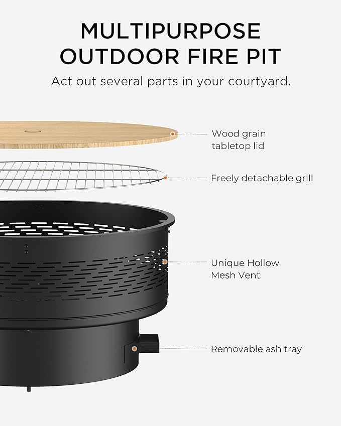 32 Fire Pits with Cooking Grill Fire Pit Table with Lid &amp Fire Poker Round Wood Burning Firepit for Outside Multifunctional Outdoor Fire pits for BBQ Table Picnic Camping Bonfire Party