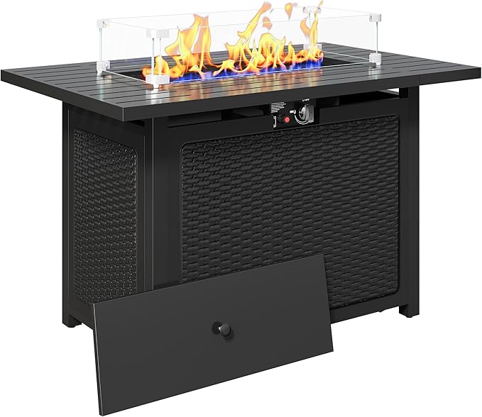 43” Outdoor Propane Fire Table Set with Heavy-Duty Glass Stones Glass Wind Guard Lid &amp Water-Resistant Cover 50000 BTU Metal Fire Pit Table Rectangle Fire Pit Table for Patio Deck