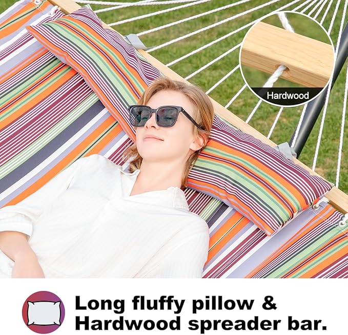 GAFETE Hammock 2 Person Quilted Fabric Hammocks for Outside Double 12ft Hammocks with Spreader Bar Large Removable Pillow Storage Bag Carabiners Max 475 lbs Capacity (Sunset Red Stripe)
