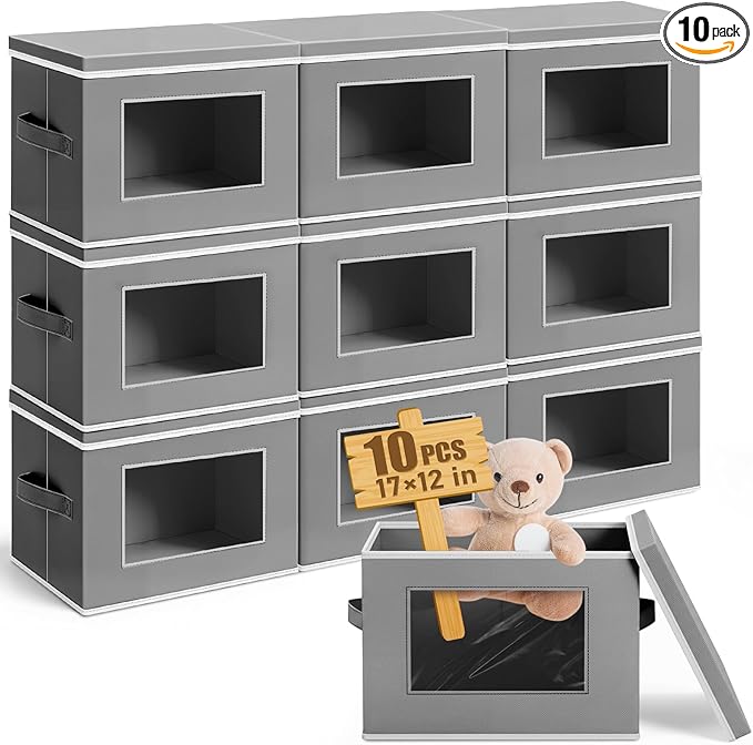 Threehoney 10 Pcs Fabric Storage Cubes with Lids and Clear Windows 17x12 Inch Foldable Closet Organizer Bins Aesthetic Dark Gray Storage Bins for Shelves Dorm Essentials Craft &amp Office Organizatio