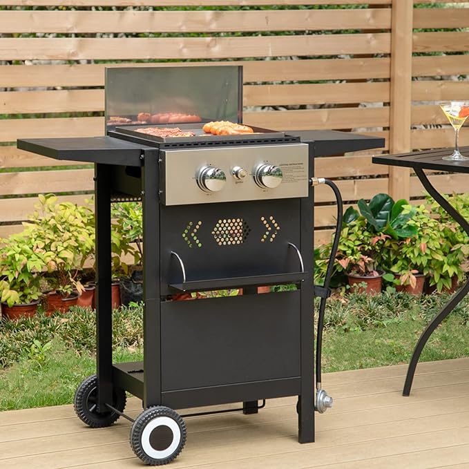 MFSTUDIO 2-Burner Propane Gas BBQ Grill with Cast Iron Griddle Pan 20000 BTU Output Small Barbecue Grill for Outdoor Patio Backyard and Balcony