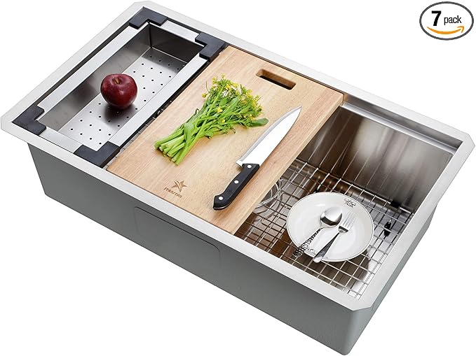 STARSTAR Workstation Ledge Undermount Single Bowl 304 Stainless Steel Kitchen Sink With Grid Colander Cutting Board (30 x 19)