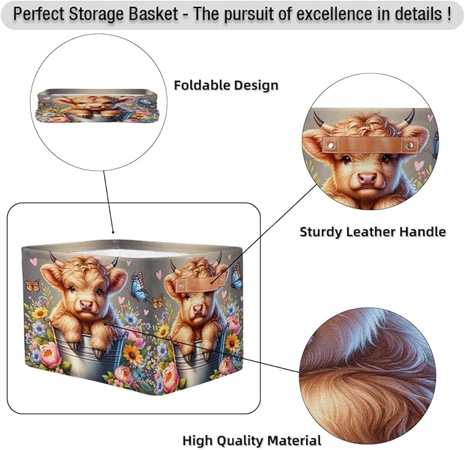 Basket Storage Bins Alpine Cattle Cow Flower Rectangle Cube Basket Box Kids Girls Boys Toys Organizer Beaket Decor Foldable with Handle for Living Room Bedroom Closet Nursery Office Shelf Gifts