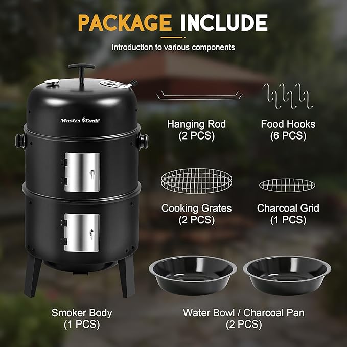 MASTER COOK 16 inch Charcoal Smoker Vertical BBQ Grill Heavy Duty 4 In 1 Fire Pit with built-in Thermometer &amp Adjustable Vent System for Backyard Patio Camping