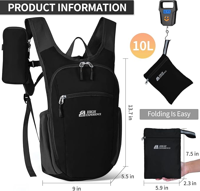 Hiking Backpack 10L/15L Small Daypack Lightweight Packable Travel Foldable Water Resistan for Women Men (Black 10L)