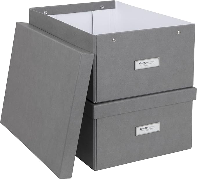 Bigso Box of Sweden Katia Collapsible Storage Box with Labelframe for Identification - Simple Assembly without Tools - Decorative Storage Boxes with Lids - 11.3in x 15.4in x 6.4in - 2 Pack - Grey