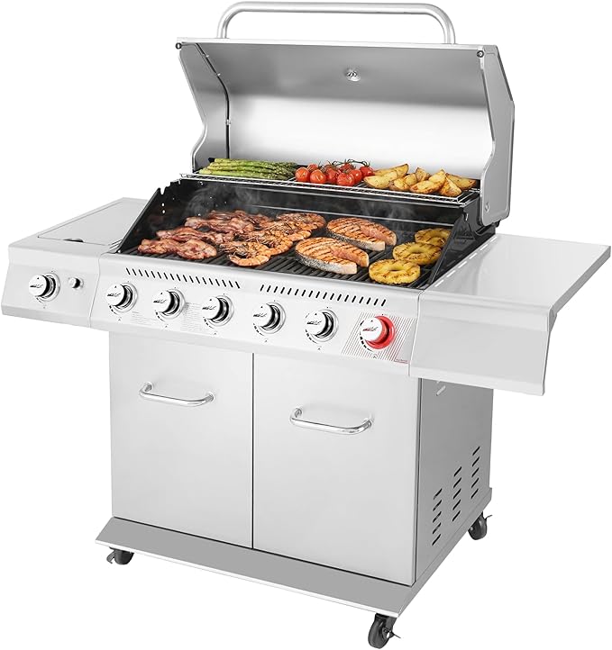 Royal Gourmet GA6402S 6-Burner Propane Gas Grill with Side Burner and Warming Rack 74000 BTUs Cabinet Style Outdoor BBQ Grill for Barbecue Grilling &amp Backyard Cooking Silver
