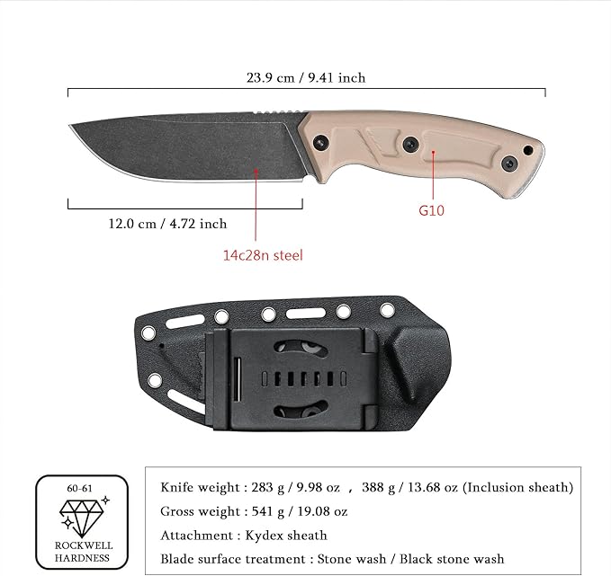 Knives 14C28N Steel Tactical Fixed Blade Knife with kydex sheath G10 Handle for Men EDC Outdoor Camping Survival Hunting (Black stone wash+khaki G10)
