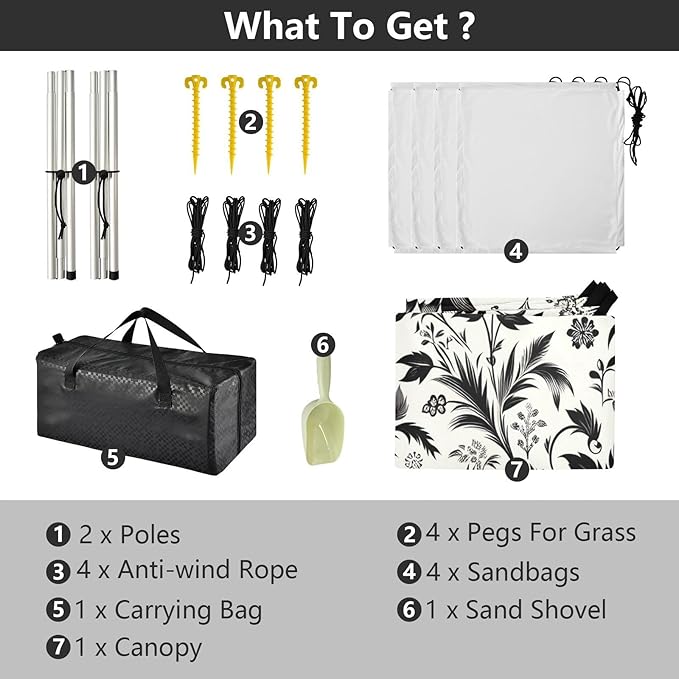 Wildflowers Black Floral Beach Tent Sun Shelter Set UPF50+ UV Protection 10.5 x 9.19 FT Camping Shade Canopy with Sandbags Sand Anchors Carrying Bag and Others