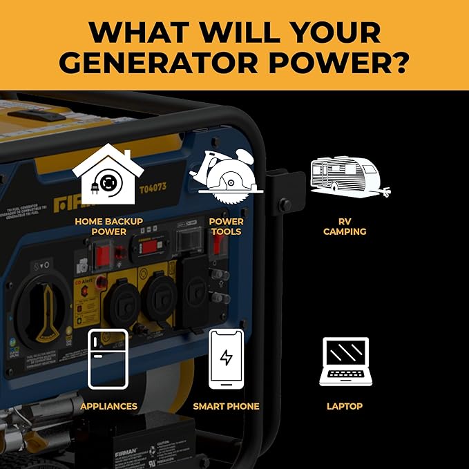 FIRMAN T04073 Tri Fuel Portable Generator 5000W Gas 4000W Running 4500W Propane 4000W Natural Gas Electric Start 120/240V CO Alert Low Oil Shut Off for Home RV Backup Camping Outdoor Power