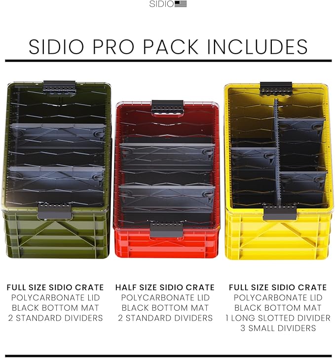 SIDIO CRATE Pro Pack - Two Full Size and One Half Size SidioCrate Stackable Outdoor Organizer Storage Bins with Clear Lid and Dividers - UTILITY Variety Pack