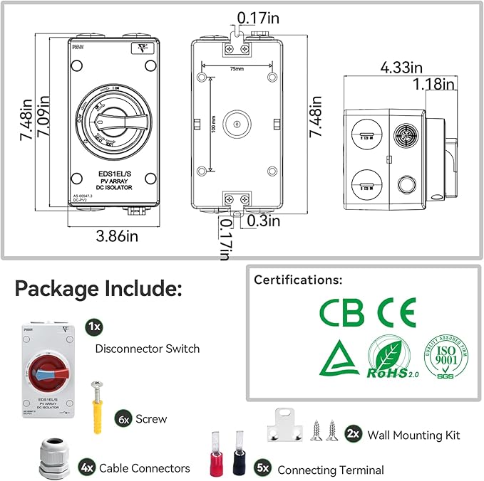 Solar Disconnect Switch 4-Pole DC1500 32A Isolator Solar Switch with Enclosure for Rooftop Solar Systems RVs and Boat Waterproof IP66 Red