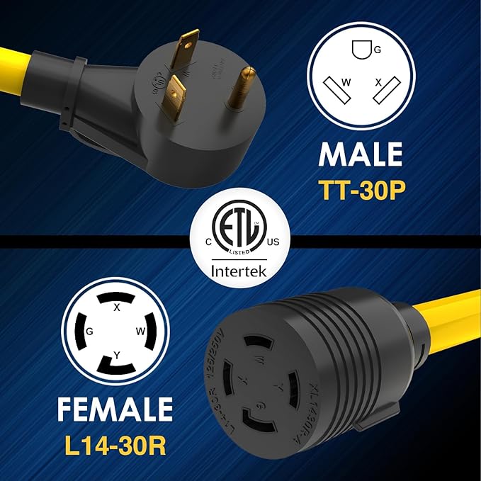 Generator Transfer Switch Adapter Cord TT-30 RV 30Amp to L14-30 Flexible with Ergonomic Handle 30 Amp 3 Prong to 4 Prong 10 AWG Generator Plug Adapter RV Generator Plug to Inlet Box 1FT