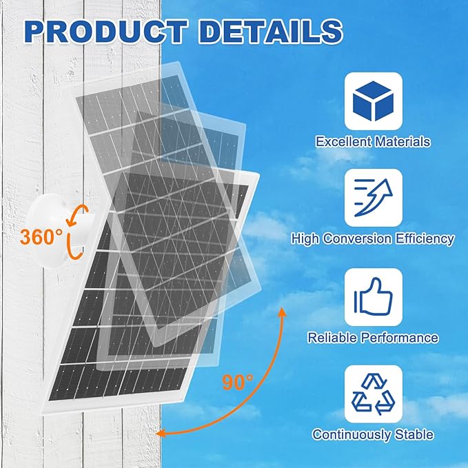 MECCANIXITY 2 Pcs Solar Panel for Ring Camera 5W 6V USB Solar Panel Charger with 6ft Type-C Port Cable 360°Adjustable Wall Mount for Security Outdoor Bird Feeder IP65 Waterproof Mono White