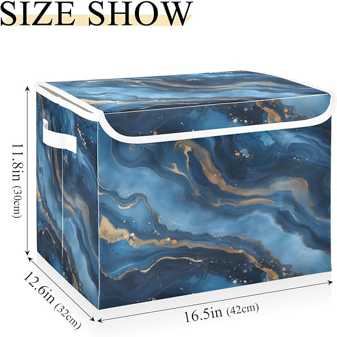 Gold Navy Blue Marble Storage Bins with Lids Foldable Storage Boxes Cube Closet Storage Baskets Container Organizers for Home Bedroom Office