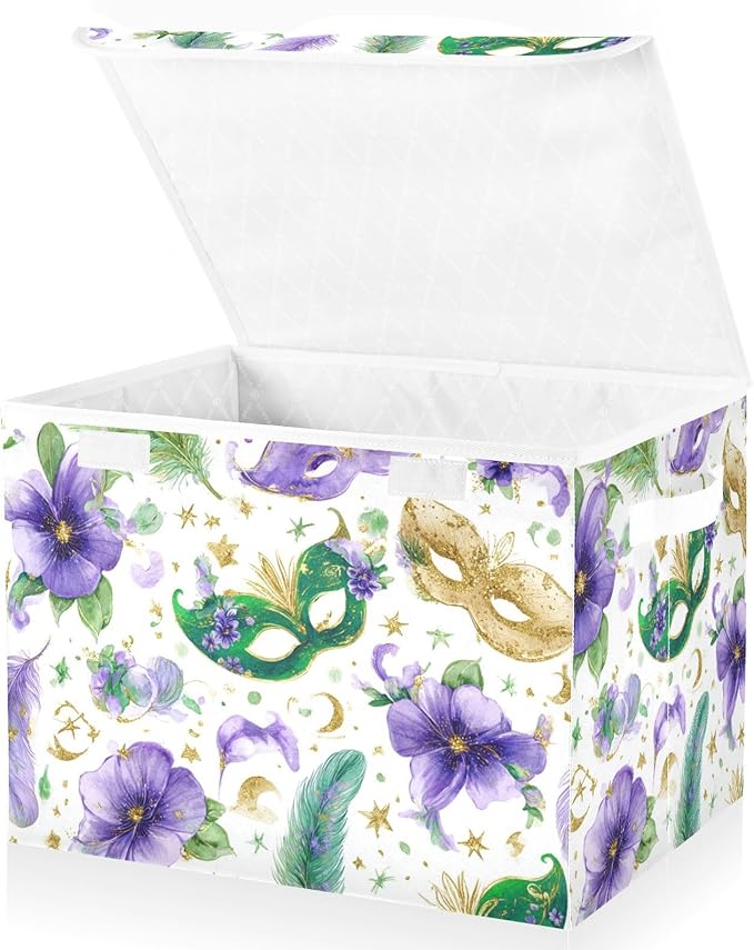 Mardi Gras Masks Flowers White Storage Box with Lid 1 PC Foldable Storage Bin with Lids Stackable Storage Bins Cube Closet Organizer Basket with Flip-Top Lid &amp Handles for Shoes Books Towels