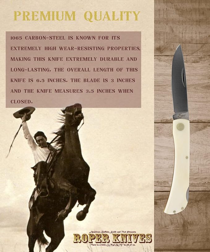 Roper Knives Tumbleweed Jr Tactical EDC Pocket Knife – 3 Inch Carbon Steel Blade with 3.5 Inch Smooth White Bone Handle