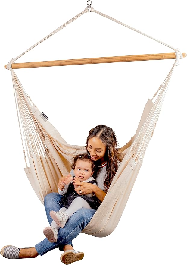 La Siesta® - XL King Habana Cotton Hanging Hammock Chair Indoor Outdoor Hammock Swing Chair Boho Hanging Chair Bedroom Patio Max 355 Lbs Latte