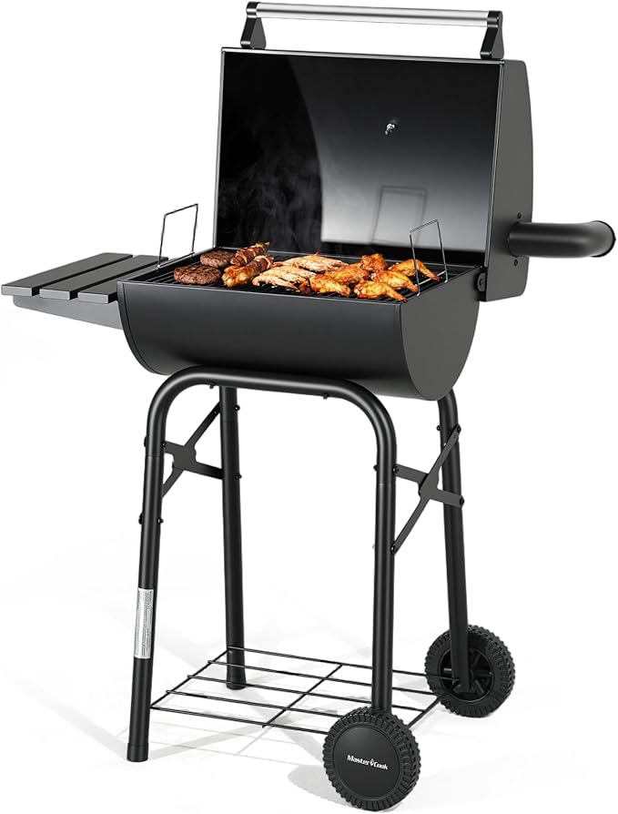 MASTER COOK Barrel Charcoal Grills with Foldable Side Tables Outdoor Smoke Barbecue bbq grill for Camping Patio Backyard Party Picnic Garden Black