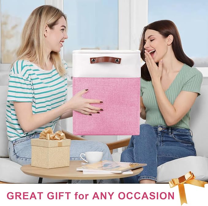 Large Fabric Storage Baskets | 50L Storage Bins Decorative Linen Closet Baskets with Handles for Organizing Shelf Toys Clothes Home Office Nursery 17x12x15Inches (Pink&ampWhite)