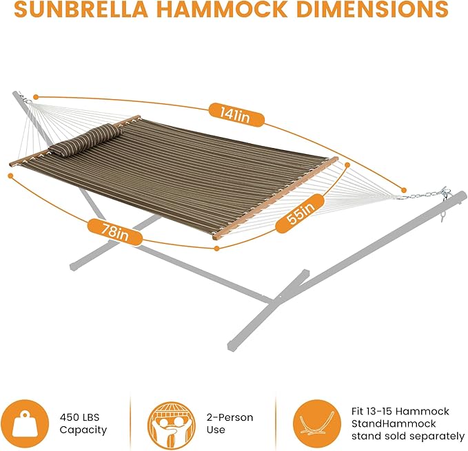 Lazy Daze Hammocks 12 FT Sunbrella Fabric Hammock not Fading with Spreader Bars and Free Pillow Fits for 2 Persons All Weather and Fade Resistant for Patio Yard 450 lbs Capacity Harwood Cocoa