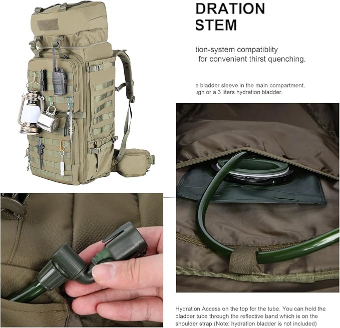 Zsearaymy 75L Hiking MOLLE Backpack with Internal Frame &amp Rain Cover for Tactical Camping Backpacking Survival Travel (OD.Green)