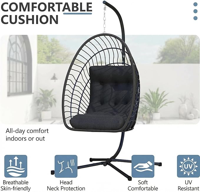 Kingdura Hanging Egg Chair with Stand Indoor Outdoor Foldable Rattan Wicker Hammock Egg Swing Chair for Bedroom Porch Patio Garden Thickened Cushion 350LBS Capacity Heavy Duty Frame