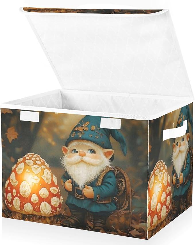 Storage Cube with Lid Gnome and Mushroom Print 16.5×12.6×11.8 IN 1 Pack Collapsible Large Capacity Foldable Storage Basket Bin Organizer
