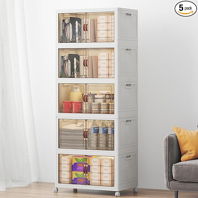 UAMFURI Stackable Storage Bins with Lids 240QT Closet Organizers Lockable Storage Cabinet Foldable Storage Box with Doors and Wheels Plastic Drawers for Home Garage Office (5 White Medium)