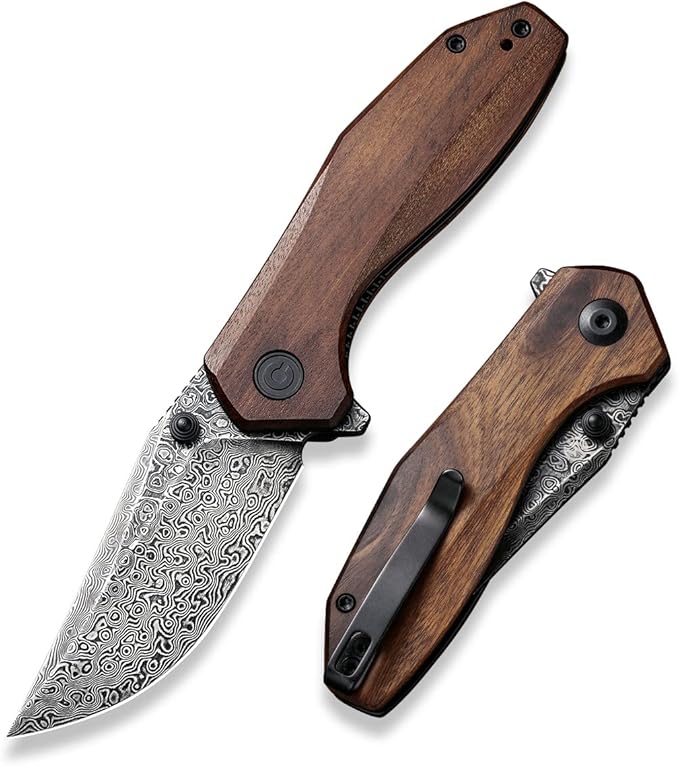 CIVIVI ODD 22 Pocket Knife for EDC Tuffknives 2.97 Damascus Blade Cuibourtia Wood Handle with Thumb Stud &amp Reversible Clip Folding Knife for Utility Hiking Camping Fishing Outdoor C21032-DS1