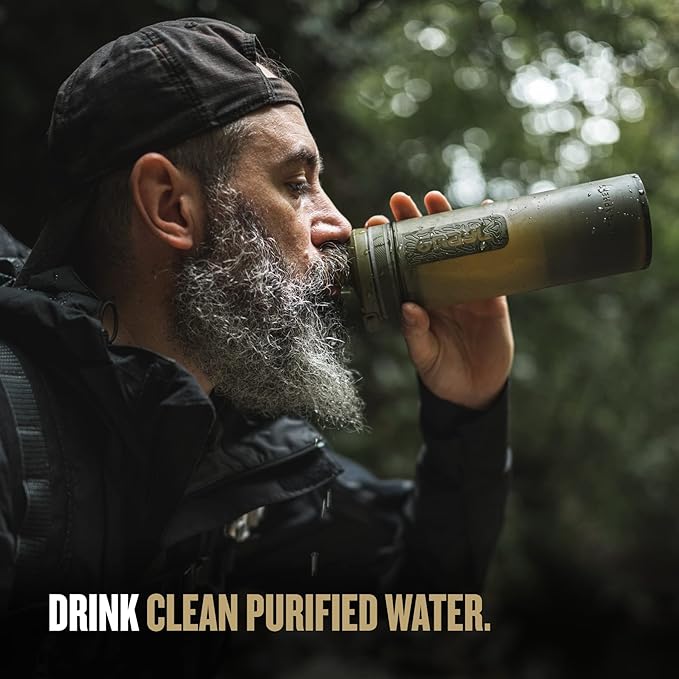 GRAYL UltraPress 16.9 oz Water Purifier &amp Filter Bottle for Hiking Backpacking Survival Travel (Olive Drab)