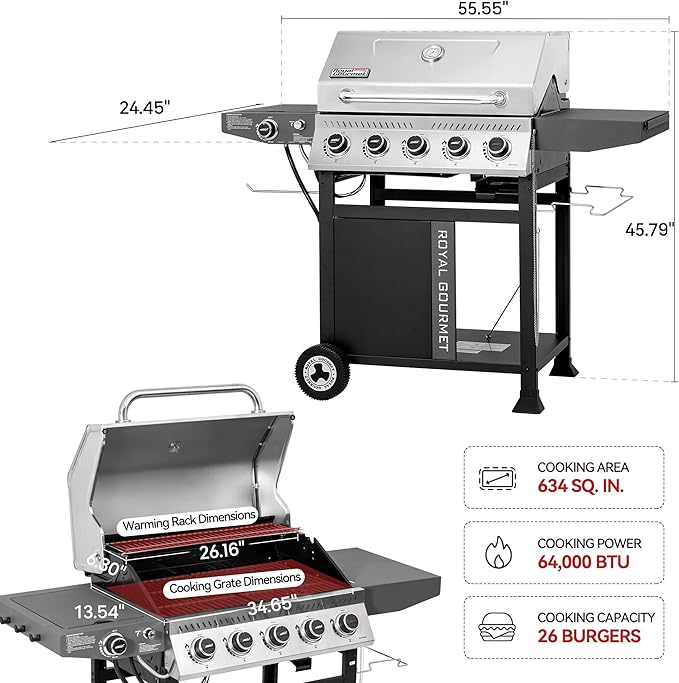 Royal Gourmet GA5406TS 5 Burner Propane Gas Grill with Side Burner and Sear Burner Cart Style Gas BBQ Grill with Porcelain-Enameled Cast Iron Grates for Backyard Cooking Silver &amp Black