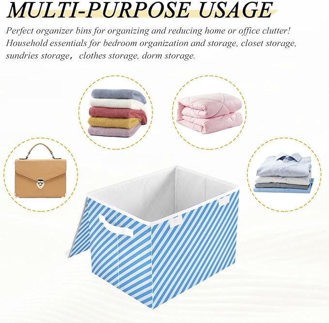 Collapsible Storage Bins with Lids Decorative Fabric Storage Cubes Closet Organizer and Storage Basket Boxes Containers for Clothes Box Chest Nursery Folding Rectangle Blue Stripes